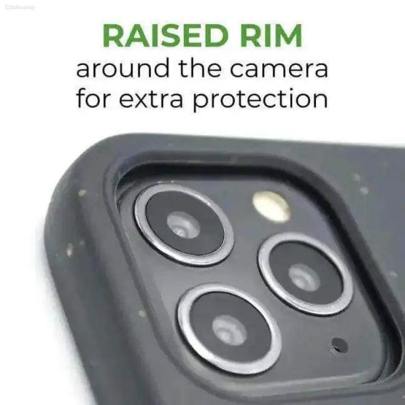 Phone case with raised camera rim.