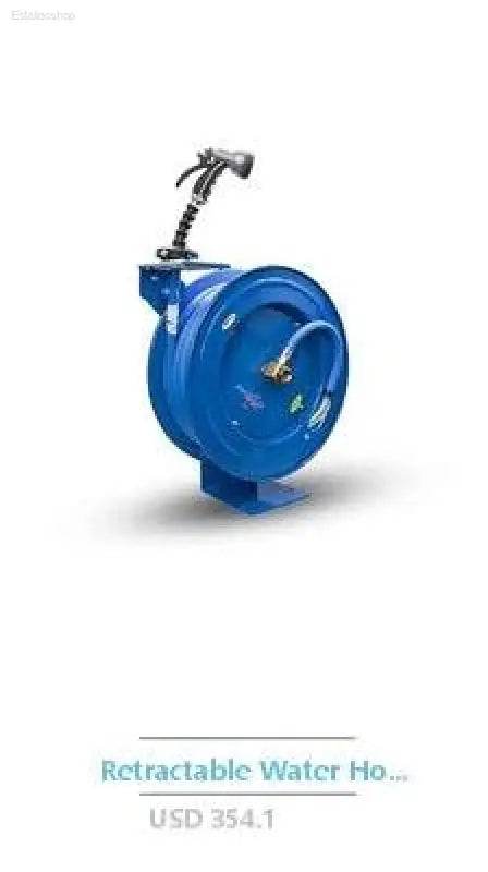 Blue retractable water hose reel.