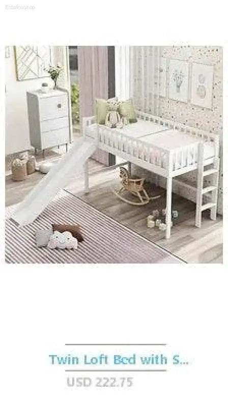 White twin loft bed with slide.
