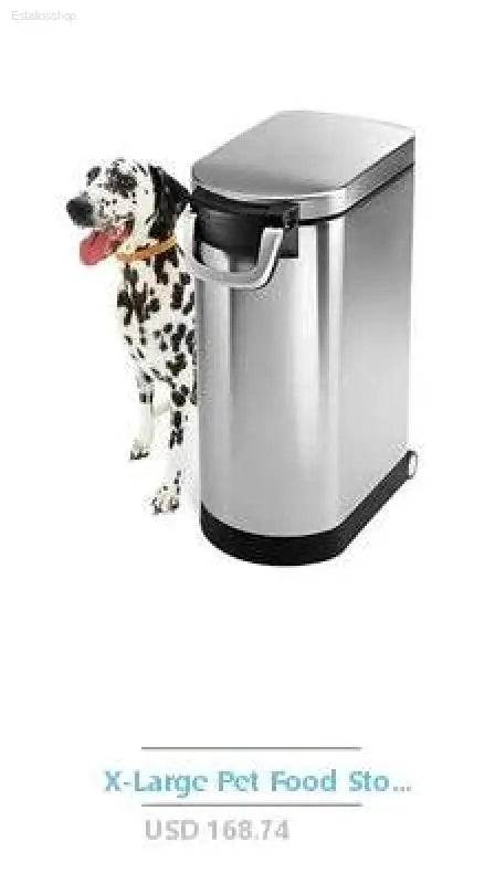 Stainless steel pet food container.