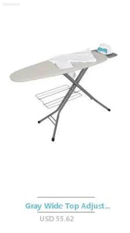 Gray ironing board with iron.