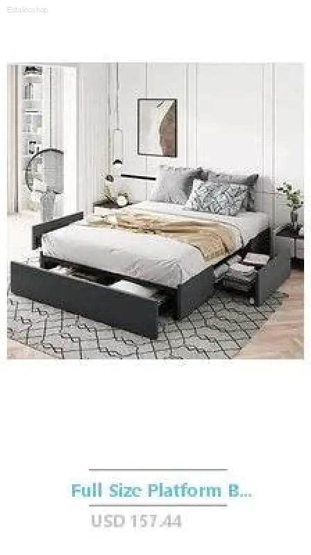 Platform bed with storage drawers.