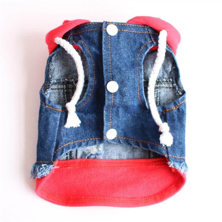 Edgy Denim Dog Jackets: Distressed Style with Bold Red Hood - Estalios