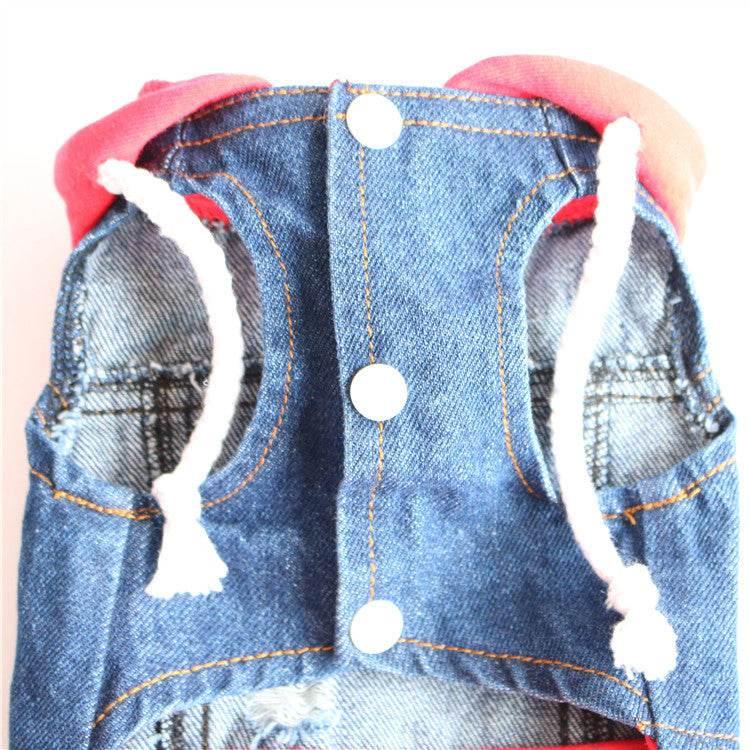 Edgy Denim Dog Jackets: Distressed Style with Bold Red Hood - Estalios