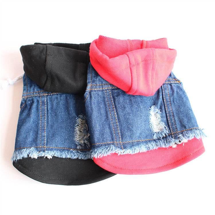 Edgy Denim Dog Jackets: Distressed Style with Bold Red Hood - Estalios