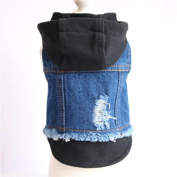 Edgy Denim Dog Jackets: Distressed Style with Bold Red Hood - Estalios