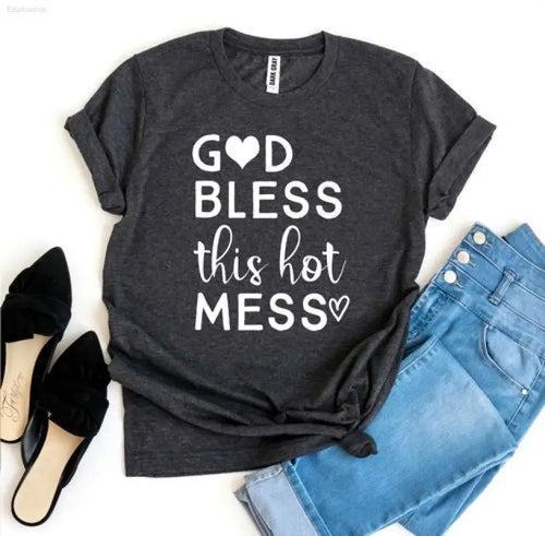 😊 Effortless Style – God Bless This Hot Mess T-Shirt | Perfect for Everyday Wear or Fun Casual Outings EstaliosShop  EstaliosShop