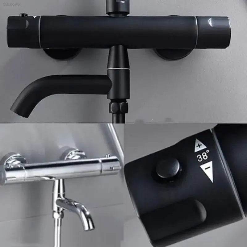 Elegant Black Chrome Thermostatic Shower Faucet Set - Premium Brass Mixer Tap for Hot & Cold Bathtubs - Estalios
