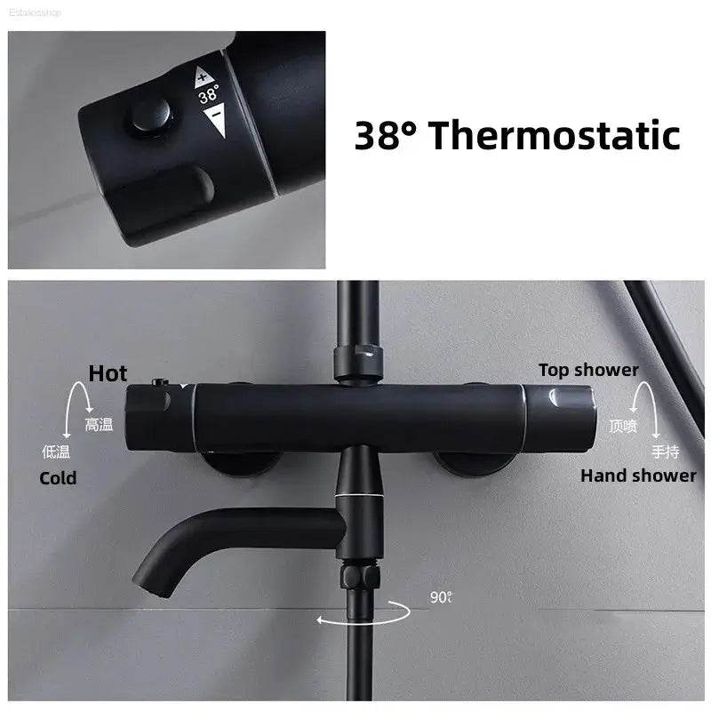 Elegant Black Chrome Thermostatic Shower Faucet Set - Premium Brass Mixer Tap for Hot & Cold Bathtubs - Estalios