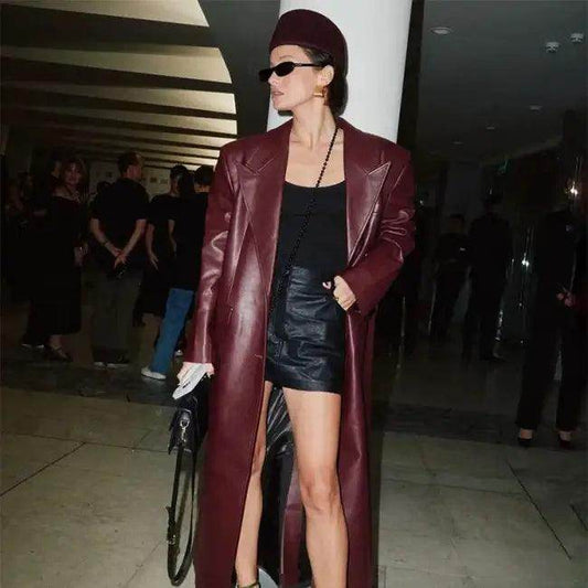 Elegant Burgundy Leather Trench Coat for Timeless Style - Estalios