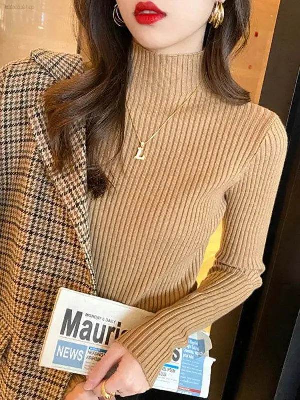 Elegant Solid Basic Knitted Turtleneck Sweater for Women - Estalios