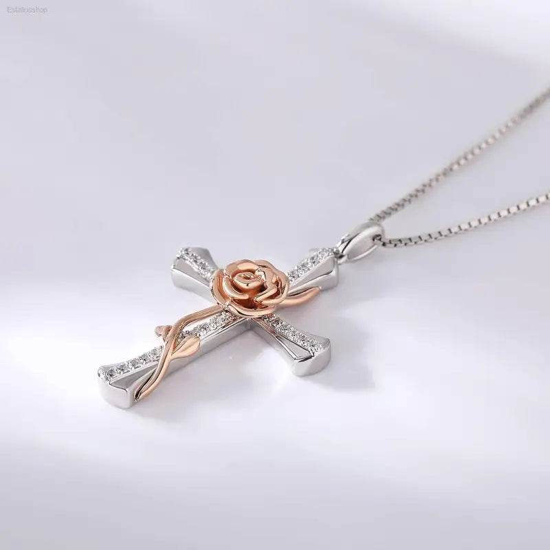 Elegant 925 Sterling Silver Rose Cross Necklace with Cubic Zirconia - Perfect Gift for Women and Moms - Estalios