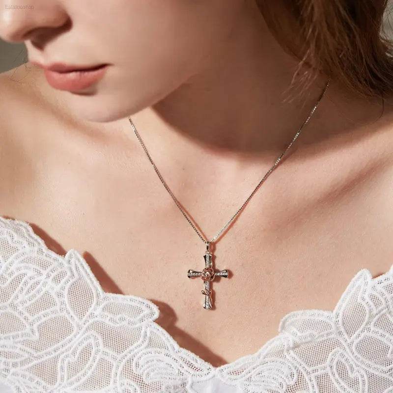 Elegant 925 Sterling Silver Rose Cross Necklace with Cubic Zirconia - Perfect Gift for Women and Moms - Estalios