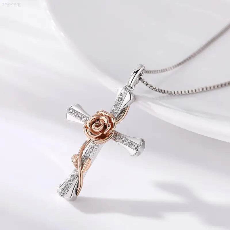 Elegant 925 Sterling Silver Rose Cross Necklace with Cubic Zirconia - Perfect Gift for Women and Moms - Estalios
