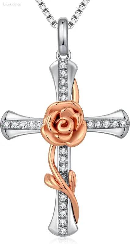 Elegant 925 Sterling Silver Rose Cross Necklace with Cubic Zirconia - Perfect Gift for Women and Moms - Estalios