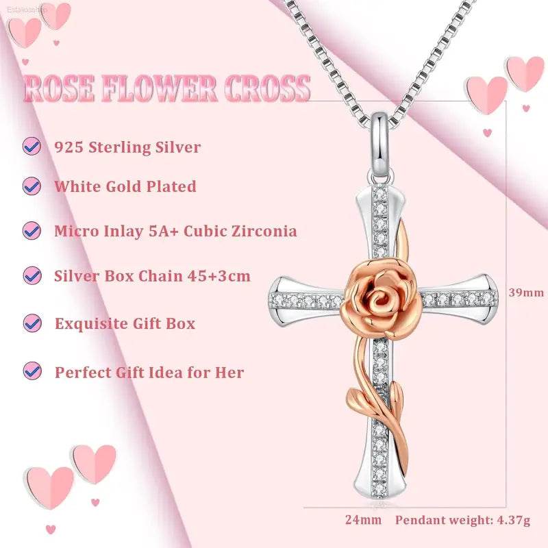 Elegant 925 Sterling Silver Rose Cross Necklace with Cubic Zirconia - Perfect Gift for Women and Moms - Estalios
