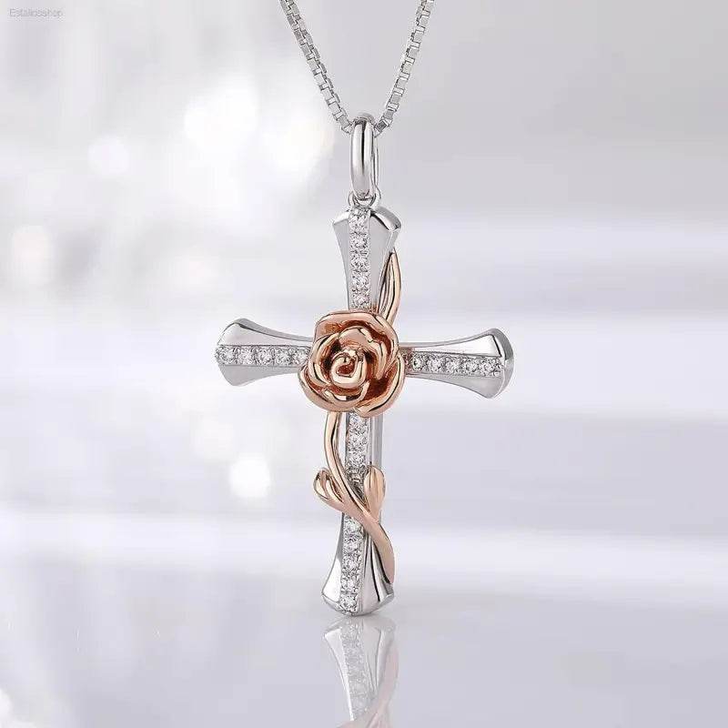 Elegant 925 Sterling Silver Rose Cross Necklace with Cubic Zirconia - Perfect Gift for Women and Moms - Estalios