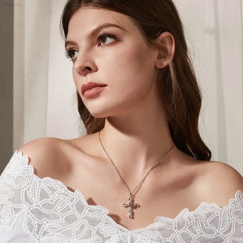 Elegant 925 Sterling Silver Rose Cross Necklace with Cubic Zirconia - Perfect Gift for Women and Moms - Estalios