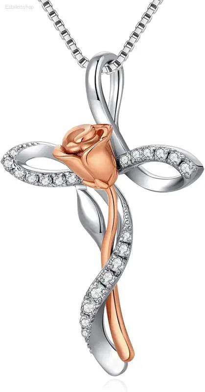 Elegant 925 Sterling Silver Rose Cross Necklace with Cubic Zirconia - Perfect Gift for Women and Moms - Estalios