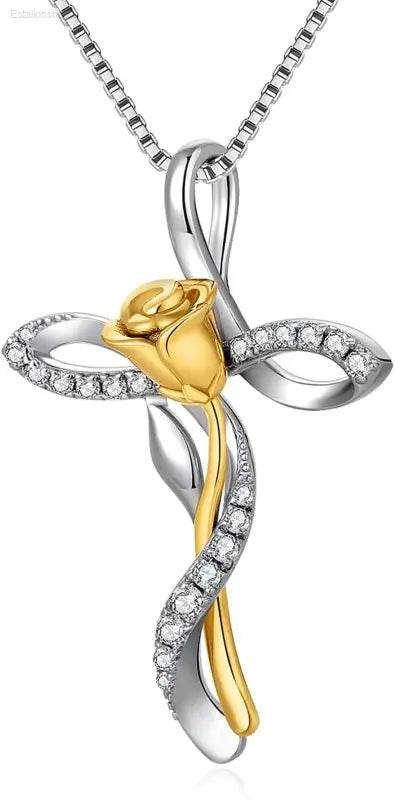 Elegant 925 Sterling Silver Rose Cross Necklace with Cubic Zirconia - Perfect Gift for Women and Moms - Estalios