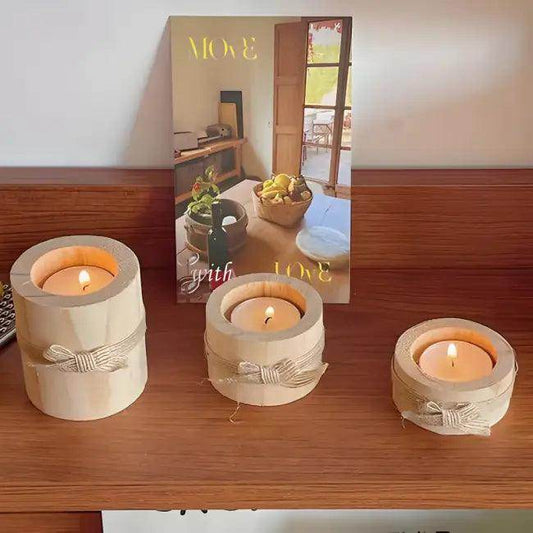 Elegant Wooden Cylindrical Candlesticks Set with Burlap Bows for Cozy Decor - Estalios