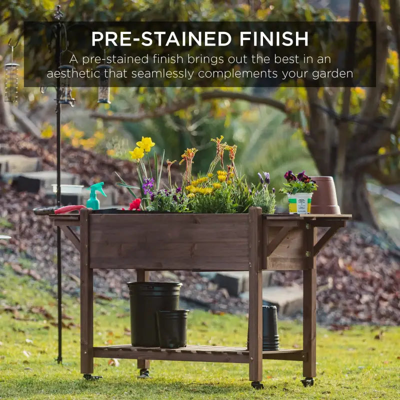 Elevate Your Gardening with the Best Choice Products Mobile Raised Garden Bed - 57"x20"x33" Wooden Planter Box with Convenient Folding Side Tables in Brown