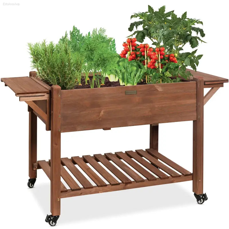 Elevate Your Gardening with the Best Choice Products Mobile Raised Garden Bed - 57"x20"x33" Wooden Planter Box with Convenient Folding Side Tables in Brown