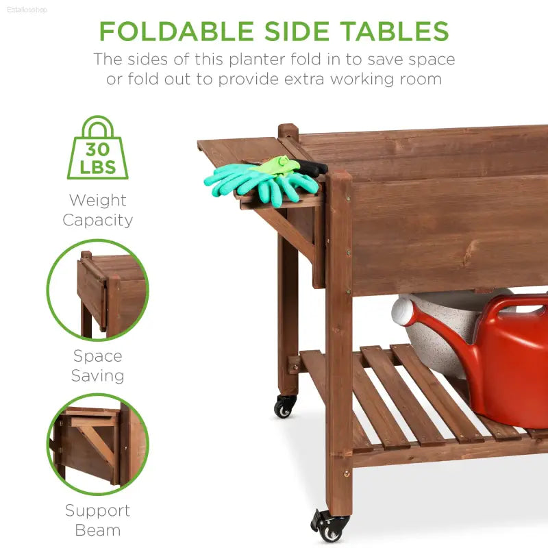 Elevate Your Gardening with the Best Choice Products Mobile Raised Garden Bed - 57"x20"x33" Wooden Planter Box with Convenient Folding Side Tables in Brown