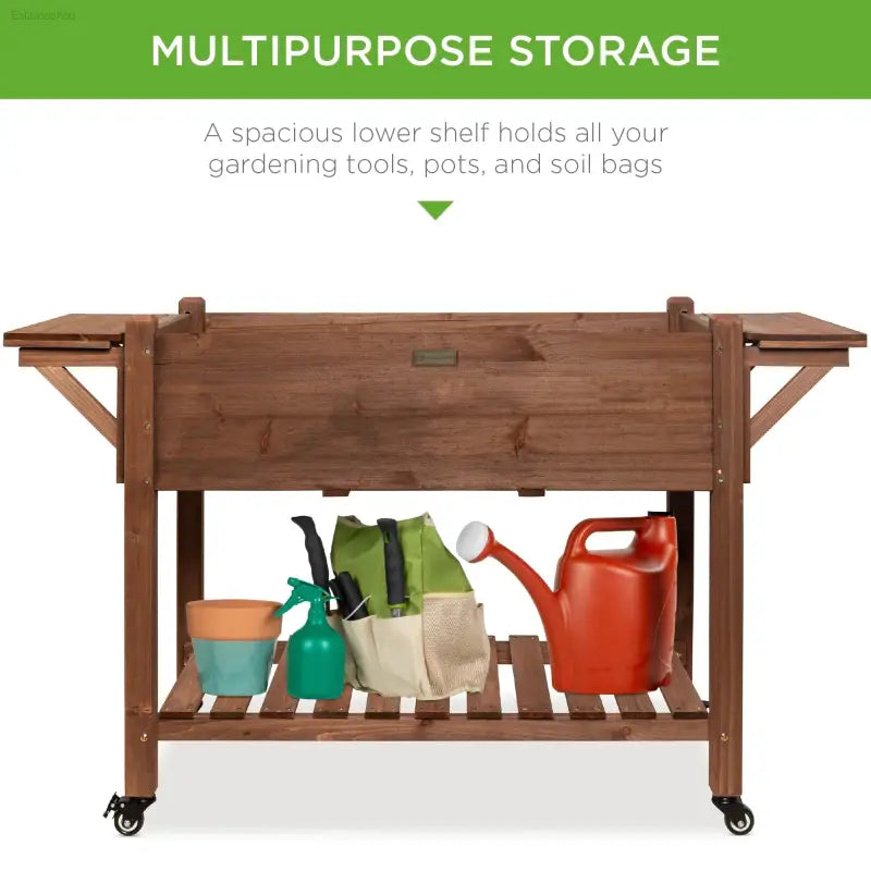 Elevate Your Gardening with the Best Choice Products Mobile Raised Garden Bed - 57"x20"x33" Wooden Planter Box with Convenient Folding Side Tables in Brown