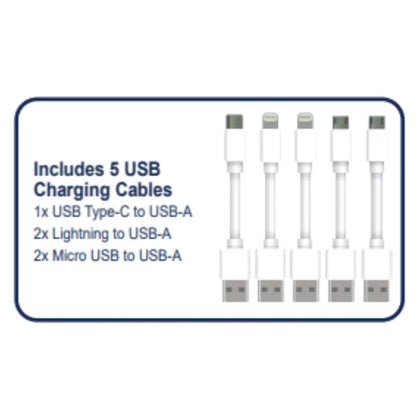 Five white USB charging cables for the Emerson 5-Port USB Charging Station