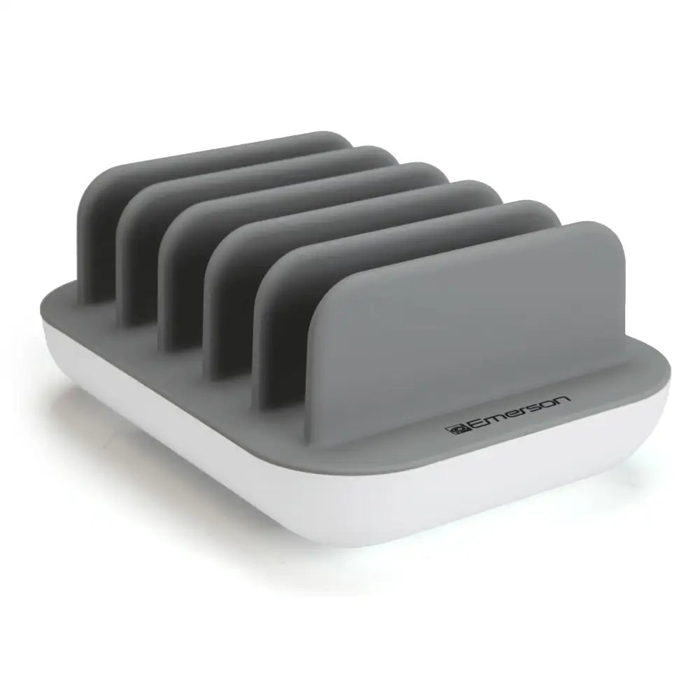 Gray and white Emerson 5-Port USB Charging Station with LED charging indicator