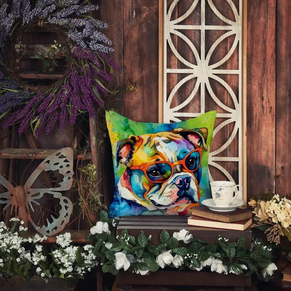 English Bulldog Hippie Dawg Throw Pillow, Machine Washable - Estalios