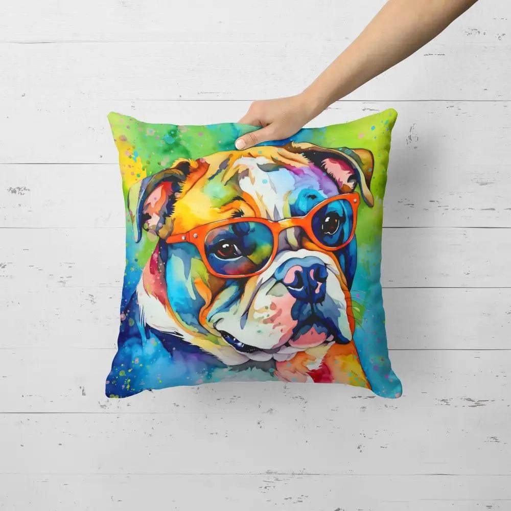 English Bulldog Hippie Dawg Throw Pillow, Machine Washable - Estalios