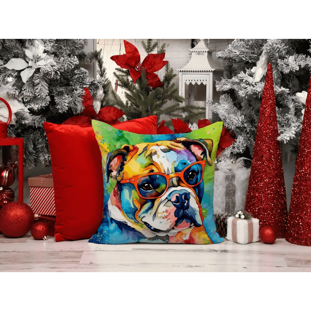 English Bulldog Hippie Dawg Throw Pillow, Machine Washable - Estalios