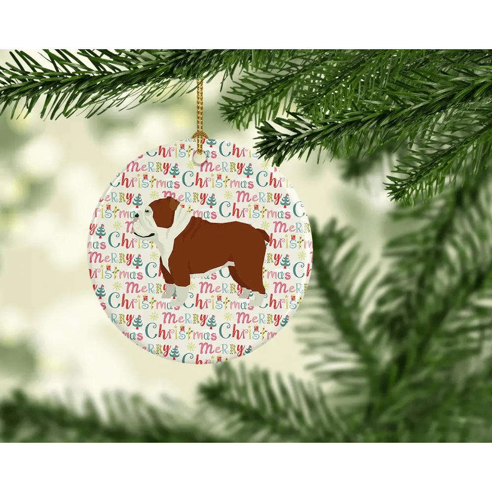 English Bulldog Merry Christmas Ornament: Adorable Holiday Hunk! Get Ready to Deck the Halls with the Cutest Christmas Ornament Ever! this Blank Ceramic Ornament Features - Estalios