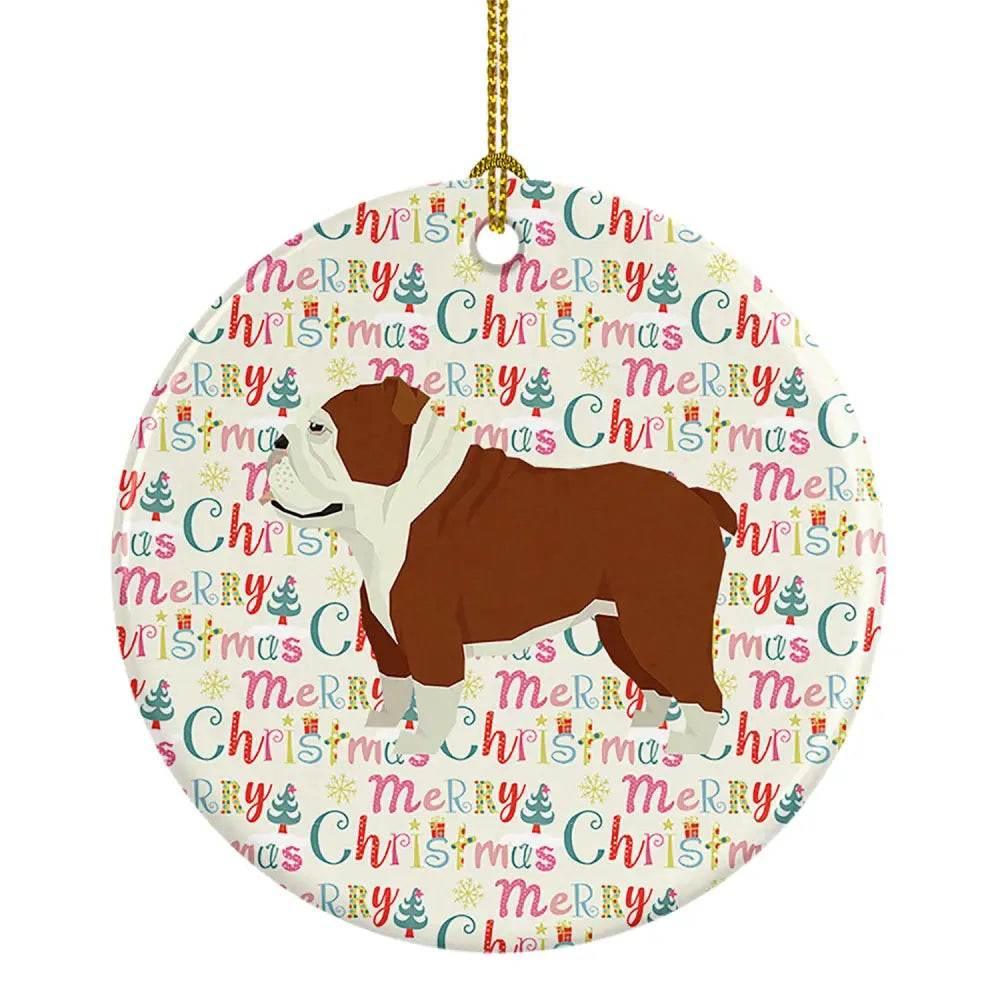 English Bulldog Merry Christmas Ornament: Adorable Holiday Hunk! Get Ready to Deck the Halls with the Cutest Christmas Ornament Ever! this Blank Ceramic Ornament Features - Estalios