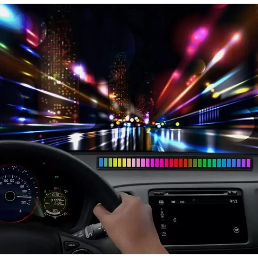 Car dashboard with colorful equalizer showcasing Epic Reactive Music Light Gaming Setup