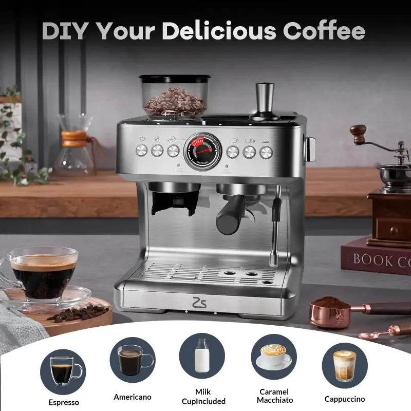 Espresso Coffee Maker With Grinder And Milk Frother - Estalios