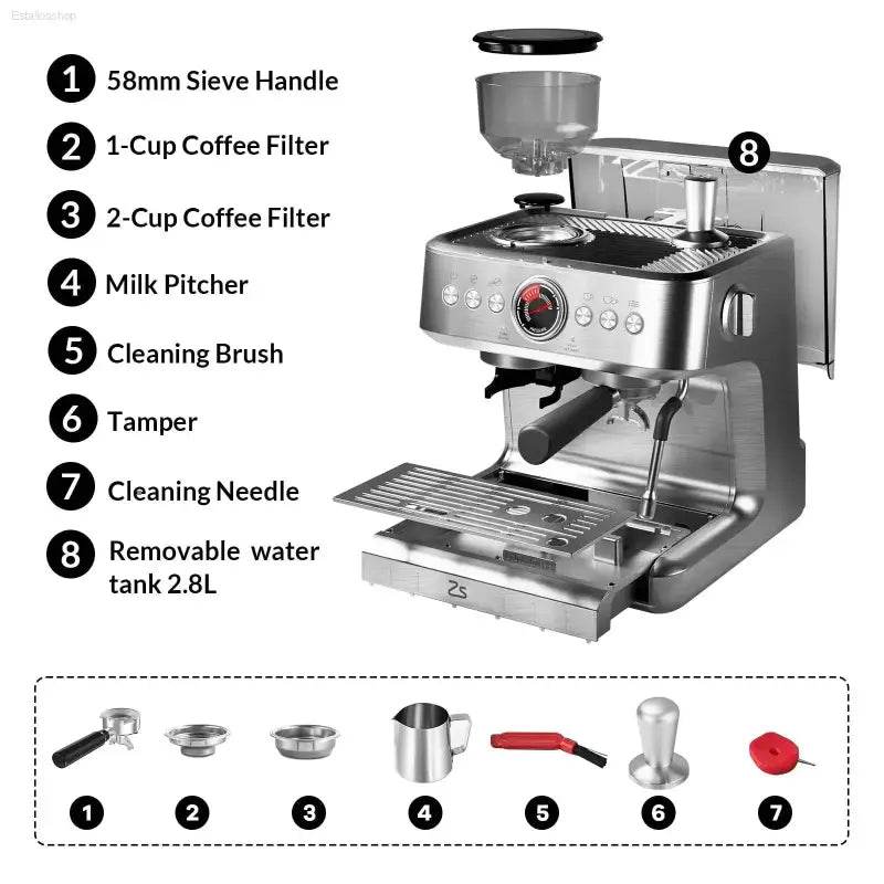 Espresso Coffee Maker With Grinder And Milk Frother - Estalios