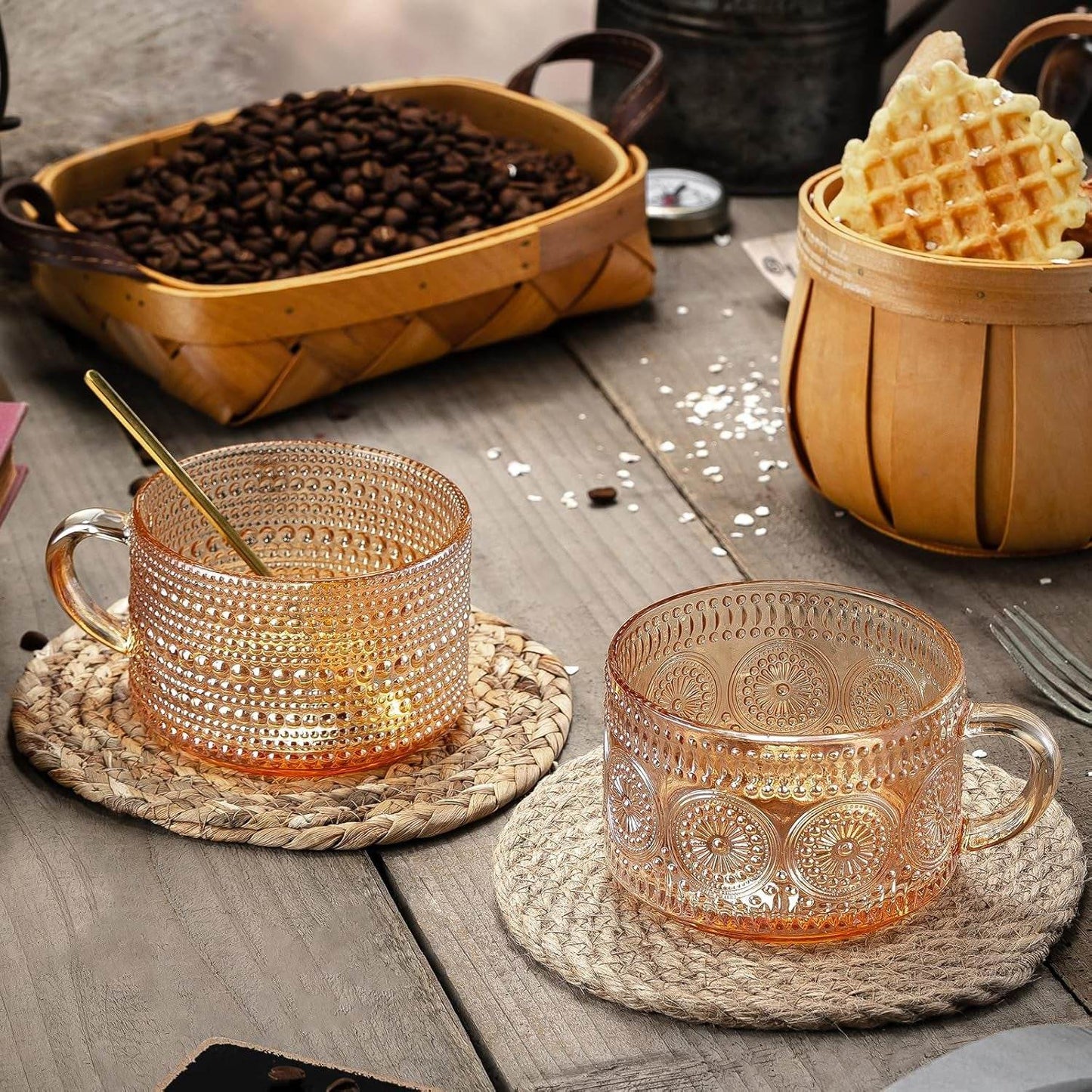 Vintage Coffee Mugs 14 Oz Set of 2 Embossed Glass Cups - Estalios