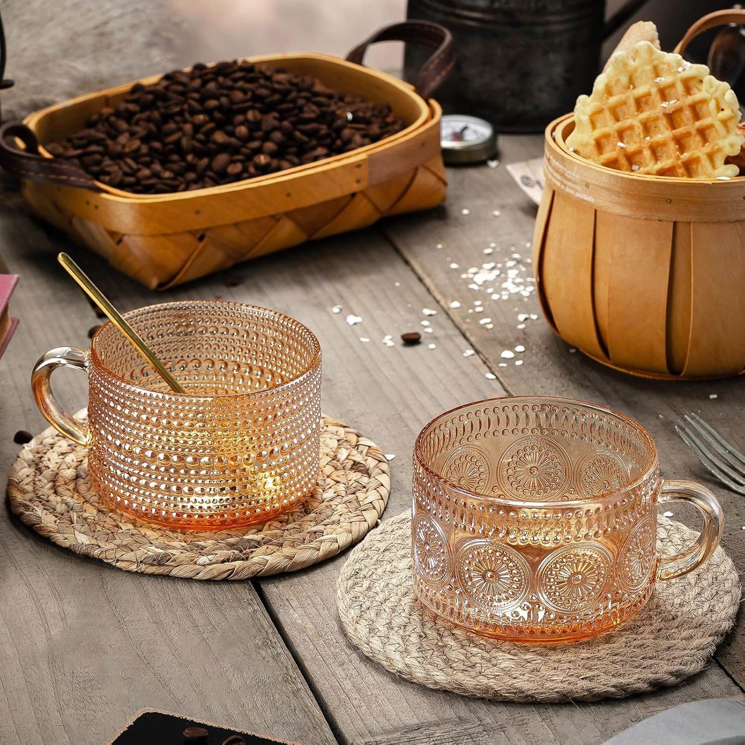 Vintage Coffee Mugs 14 Oz Set of 2 Embossed Glass Cups - Estalios