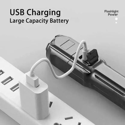 Rechargeable F15-T Black flashlight charging, highlighting strong light focusing features