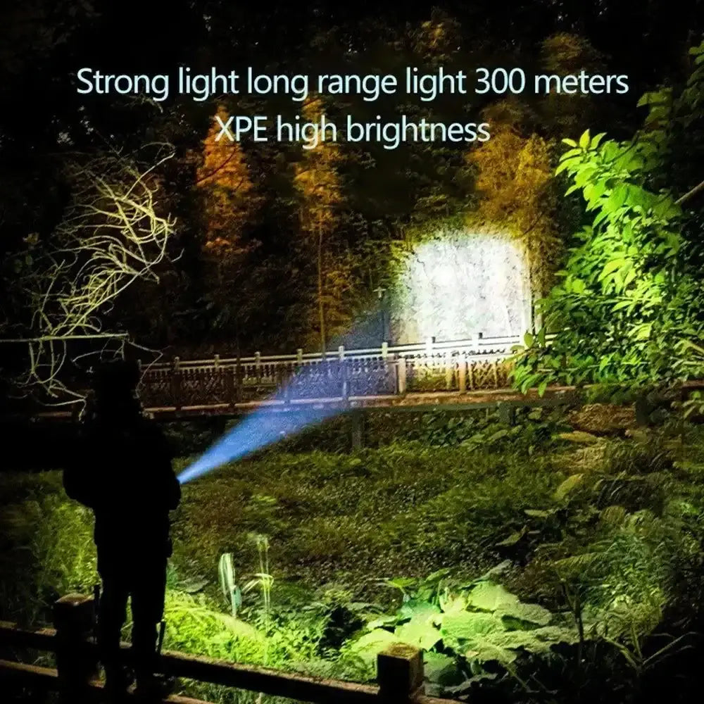 Powerful F15-T Black portable LED flashlight with strong light focusing lighting up dark landscapes