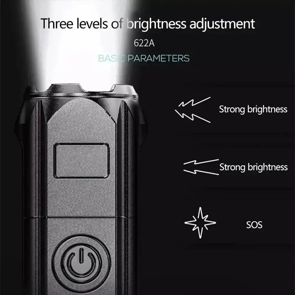 Black F15-T Portable LED Flashlight with strong light focusing and multiple brightness settings