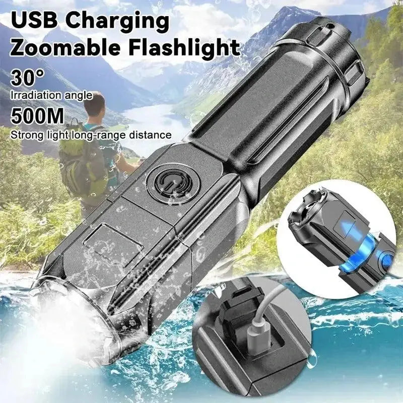 F15-T Black portable LED flashlight with strong light focusing and USB charging capability