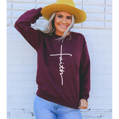 Maroon sweatshirt featuring faith cross design from Faith Sweatshirt Military Green Scarlet Red Sold