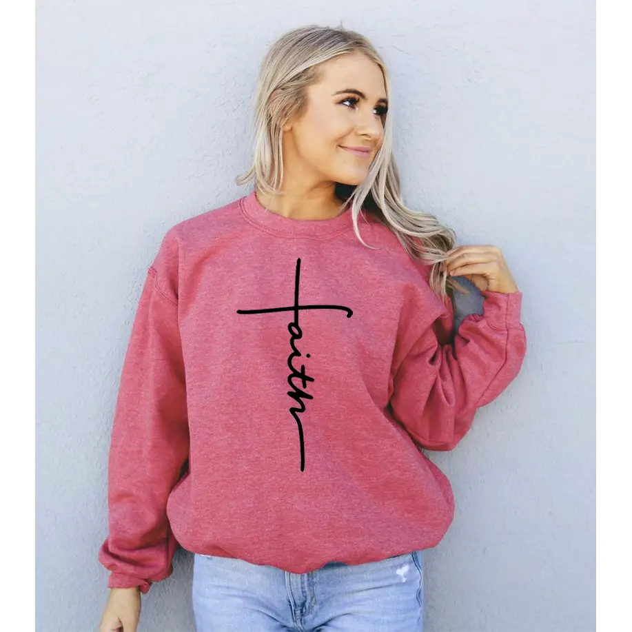 Pink Faith Sweatshirt featuring a stylish cross design, perfect with military green sold