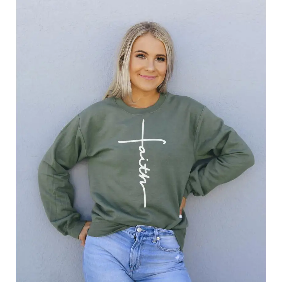 Olive green long-sleeved Faith Sweatshirt with cross design, perfect for military green sold vibes