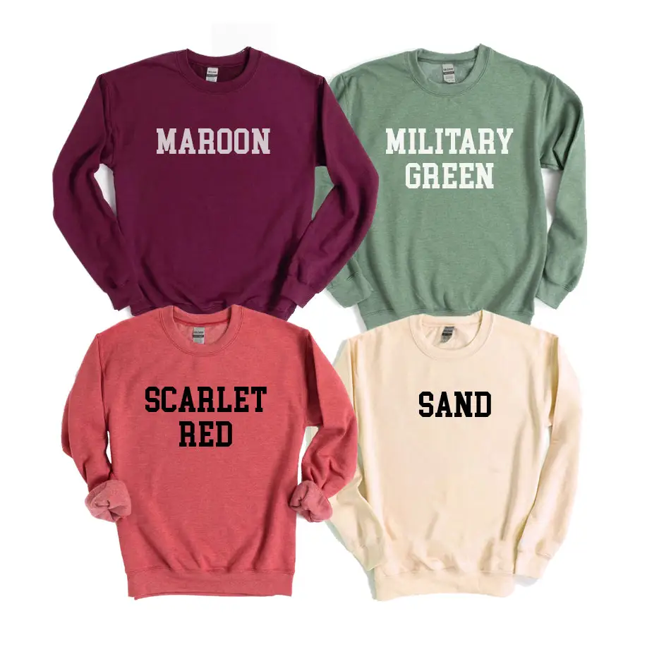 Four crewneck sweatshirts in maroon, military green, scarlet red sold, and sand