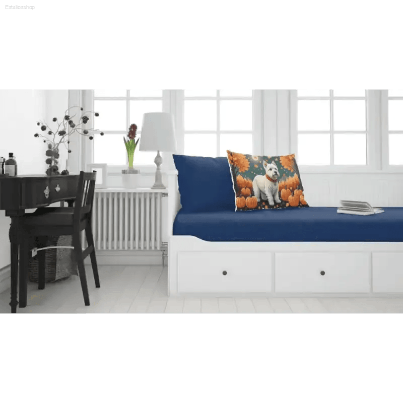 Fall Fluff Dream Bed: West Highland White Bliss! Drift Into Dreamland with our Gray Upholstered Bed, Complete with a Delightful Dog and Pumpkin Pillow - Estalios